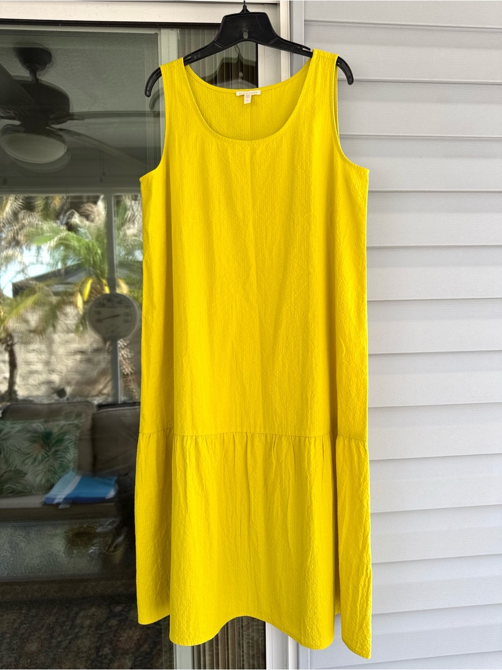 Eileen Fisher Scoop Neck Sunbeam Organic Cotton Ripple Tiered Dress M Yellow